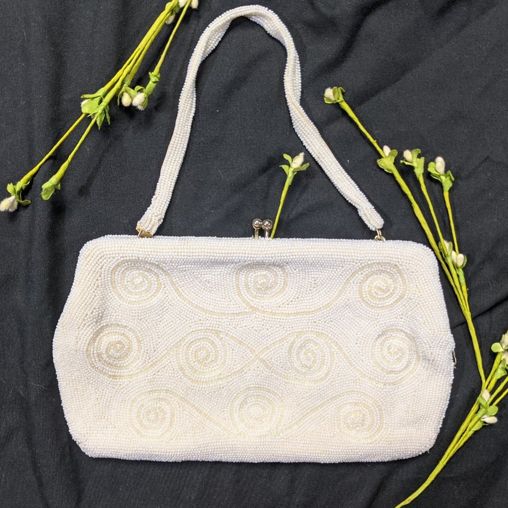 Vintage Retro White Sequin Beaded Clutch Purse